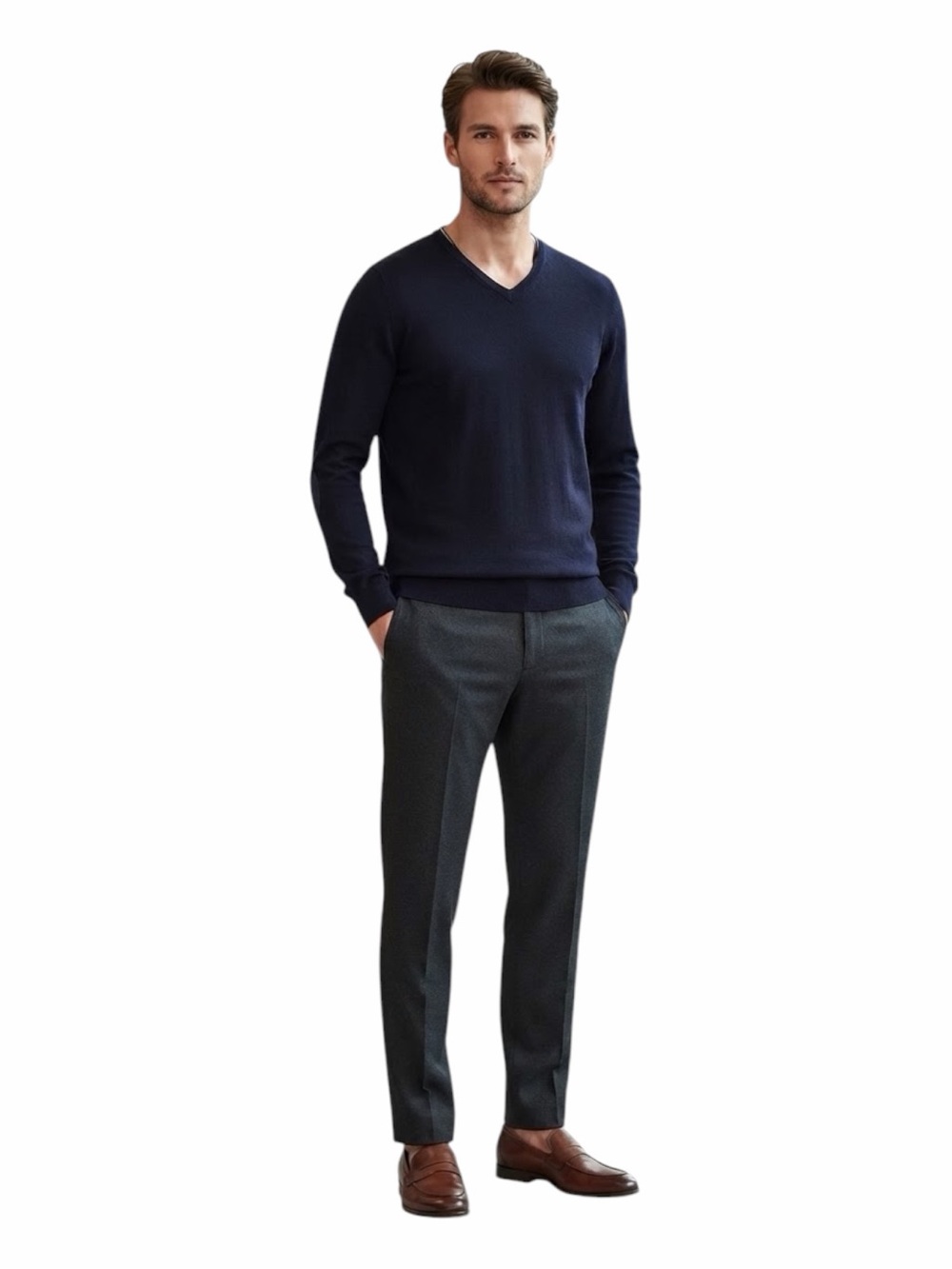 Brax Feel Good Navy Blue 100% Merino Wool V-Neck Sweater Size XL Elbow Patches